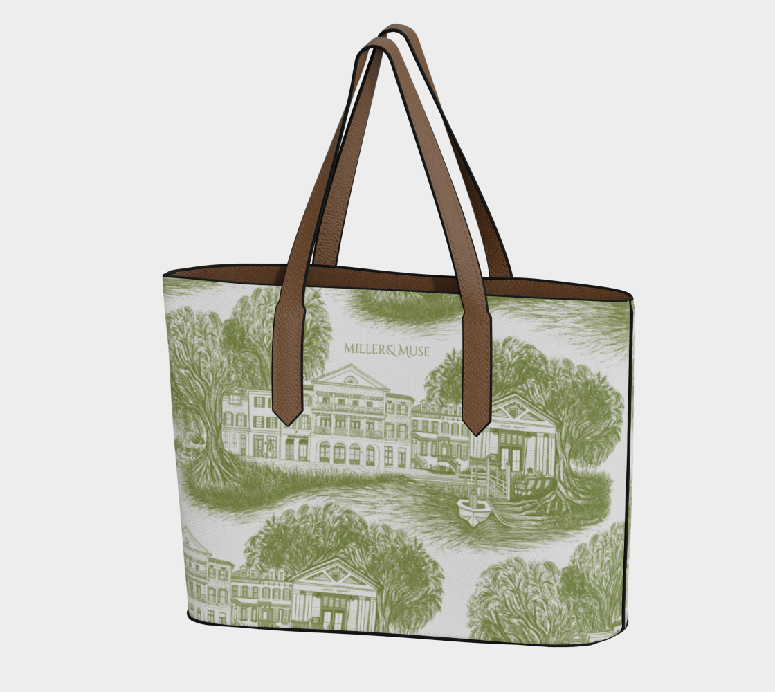 peagreen and white toile printed pebble textured tote bag that features illustrations of the neighborhood of Habersham in Beaufort,SC. 