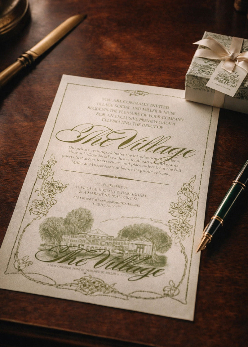 Invitation card for 'The Village' on a wooden surface with a pen and small gift box.