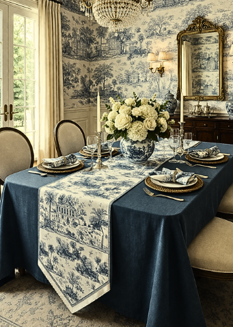 Elegant dining room with blue and white toile tablecloth, floral centerpiece, and decorative mirror.